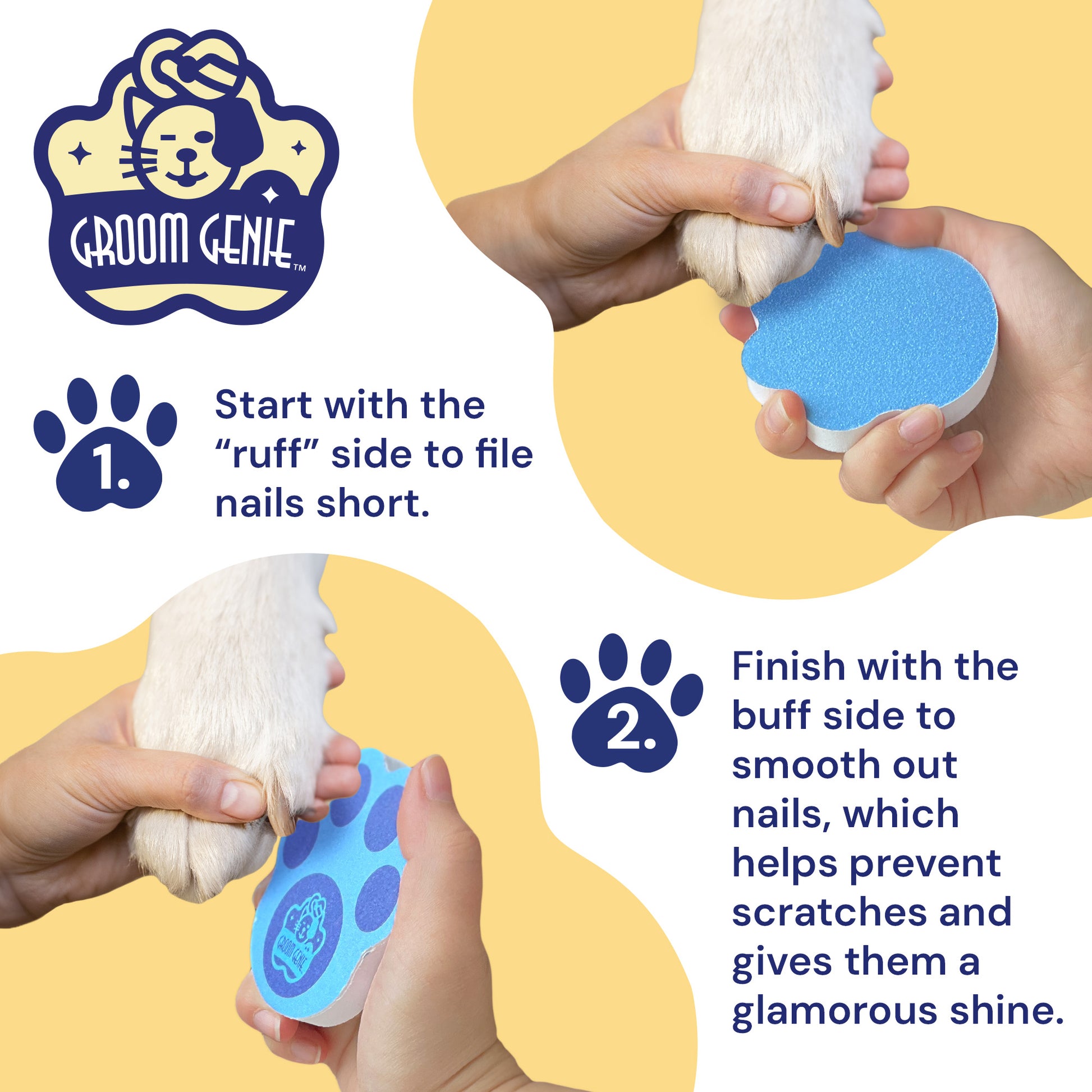 Groom Genie pet nail file showing two-step process for filing and smoothing pet nails
