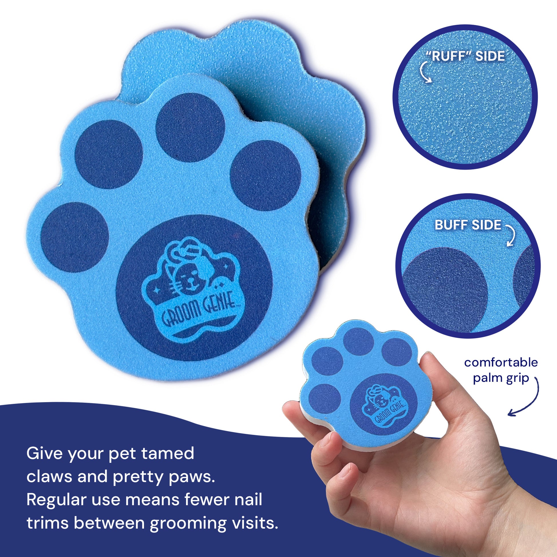 Groom Genie pet nail file in paw shape with comfortable grip for easy grooming