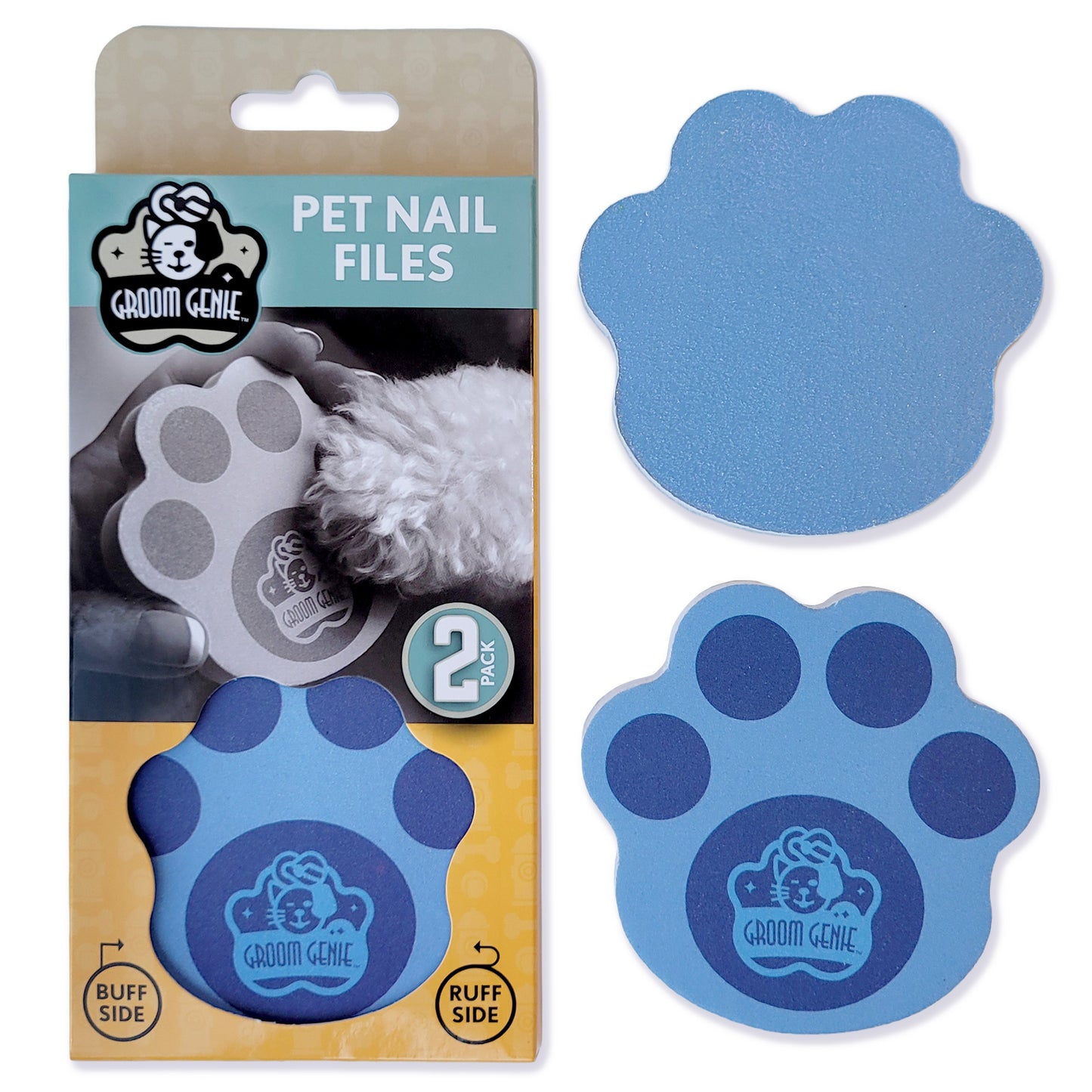 Groom Genie pet nail file in blue with paw print design for easy pet grooming includes two files