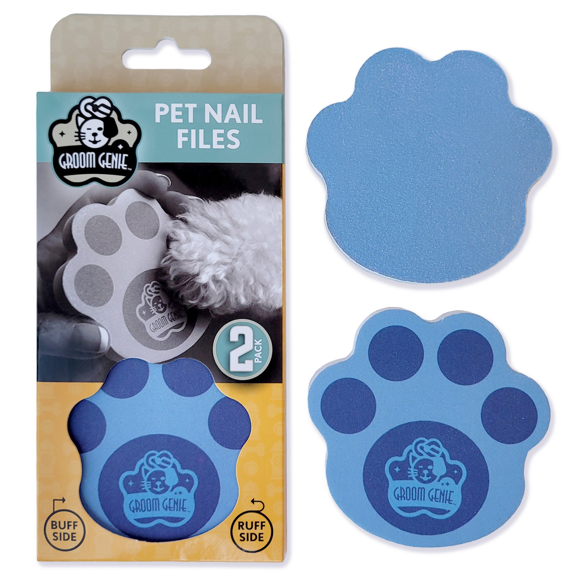 Groom Genie pet nail file in blue with paw print design for easy pet grooming includes two files
