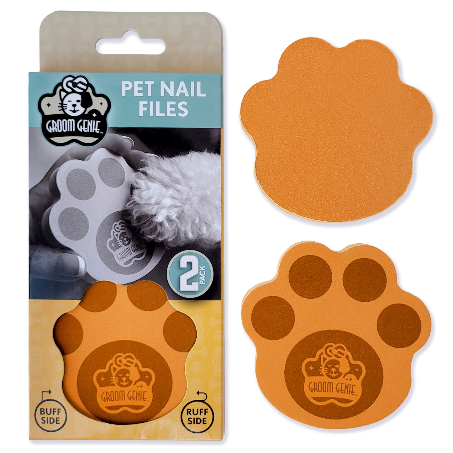Groom Genie Pet Nail File in a 2 pack with a paw print design for easy pet grooming