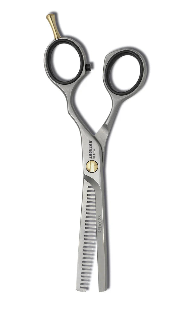 Jaguar Pre Style Relax Thinner silver professional thinning scissors with gold screw and black inserts