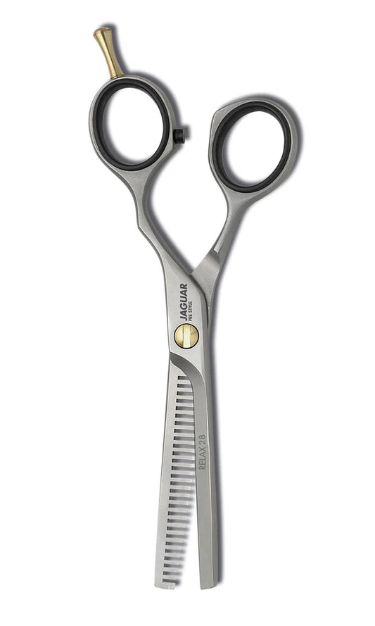 Jaguar Pre Style Relax Thinner silver professional thinning scissors with gold screw and black inserts