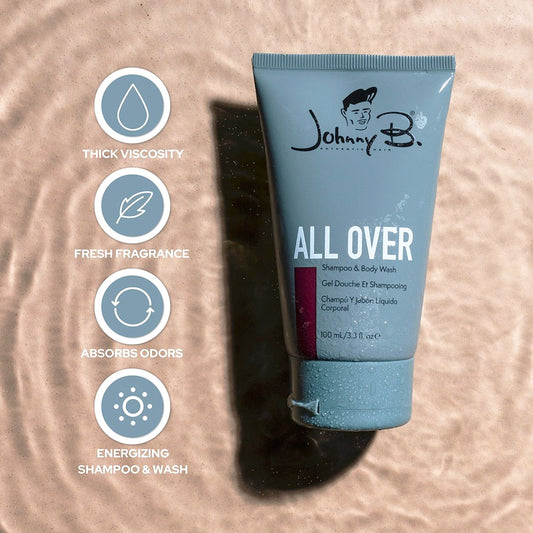 Johnny B. All Over Shampoo and Body Wash in a tube with fresh fragrance and thick viscosity