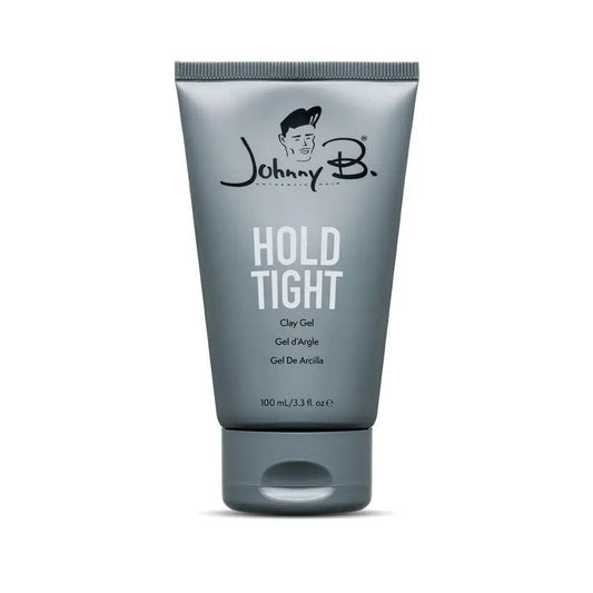 Johnny B Hold Tight Clay Gel in a gray tube for strong, long-lasting hairstyle hold