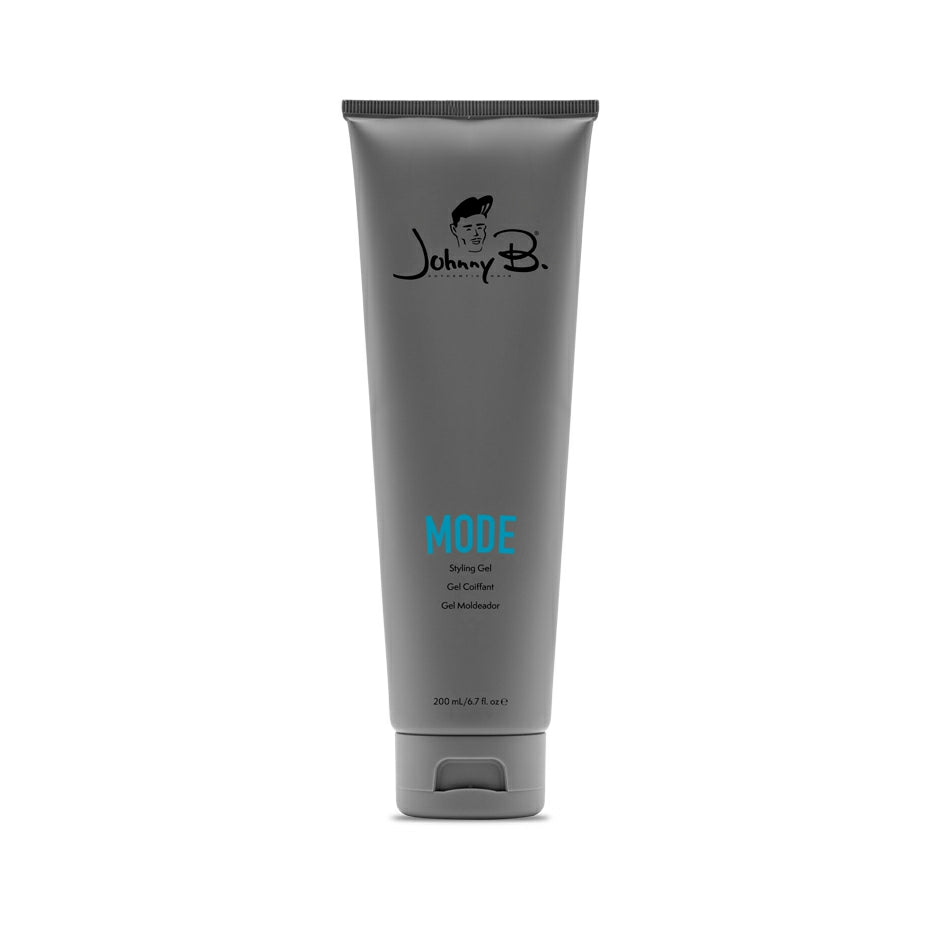 Johnny B. Mode styling gel in a gray tube for achieving long-lasting hair hold and style