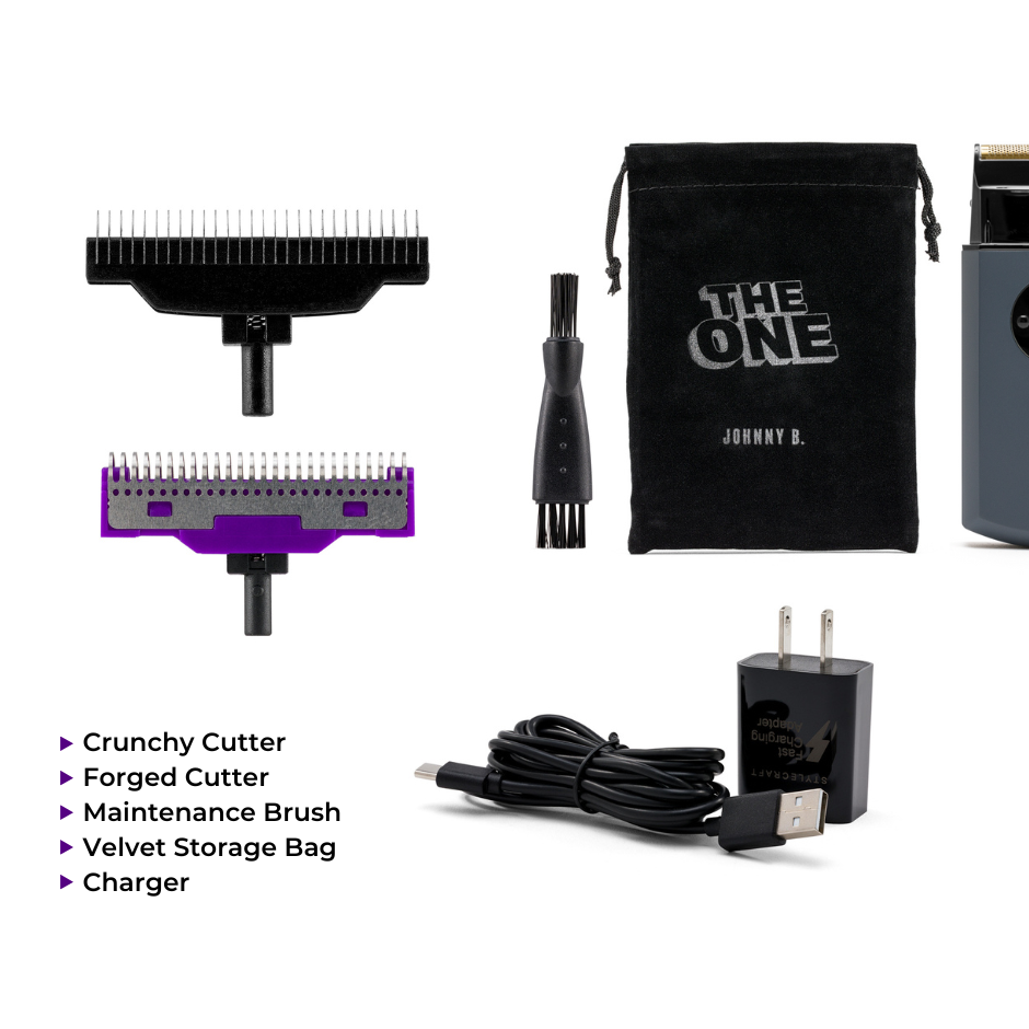 Johnny B The One shaver kit includes multiple attachments, cleaning brush, charger, and storage bag