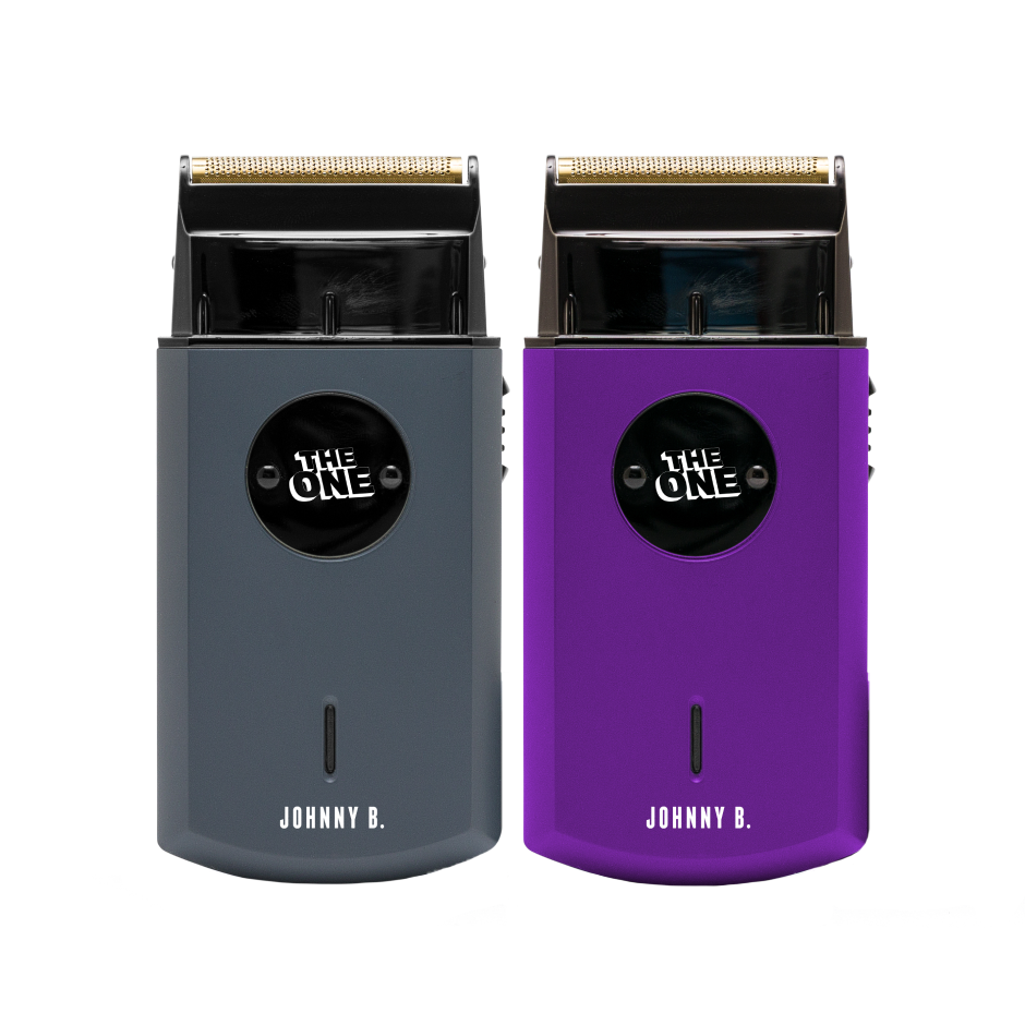 Johnny B The One shaver in gray and purple, designed for precise grooming and styling.