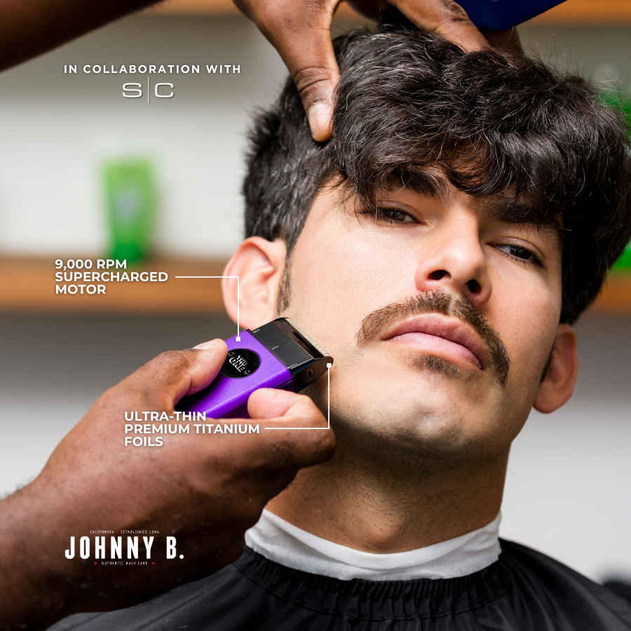 Johnny B The One shaver featuring ultra-thin titanium foils and a 9,000 RPM supercharged motor