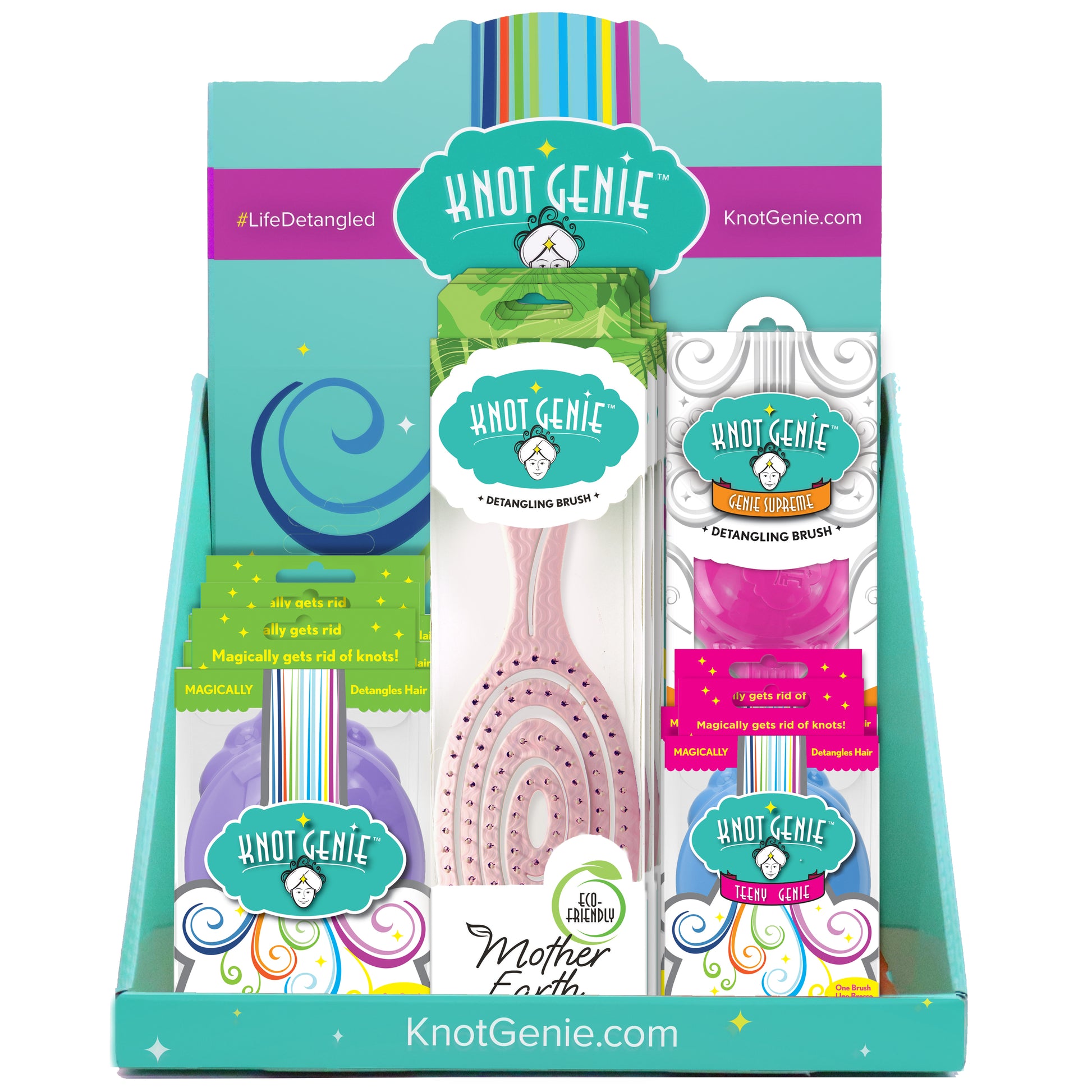 Knot Genie detangling brush display featuring various colors and styles of the detangling brushes