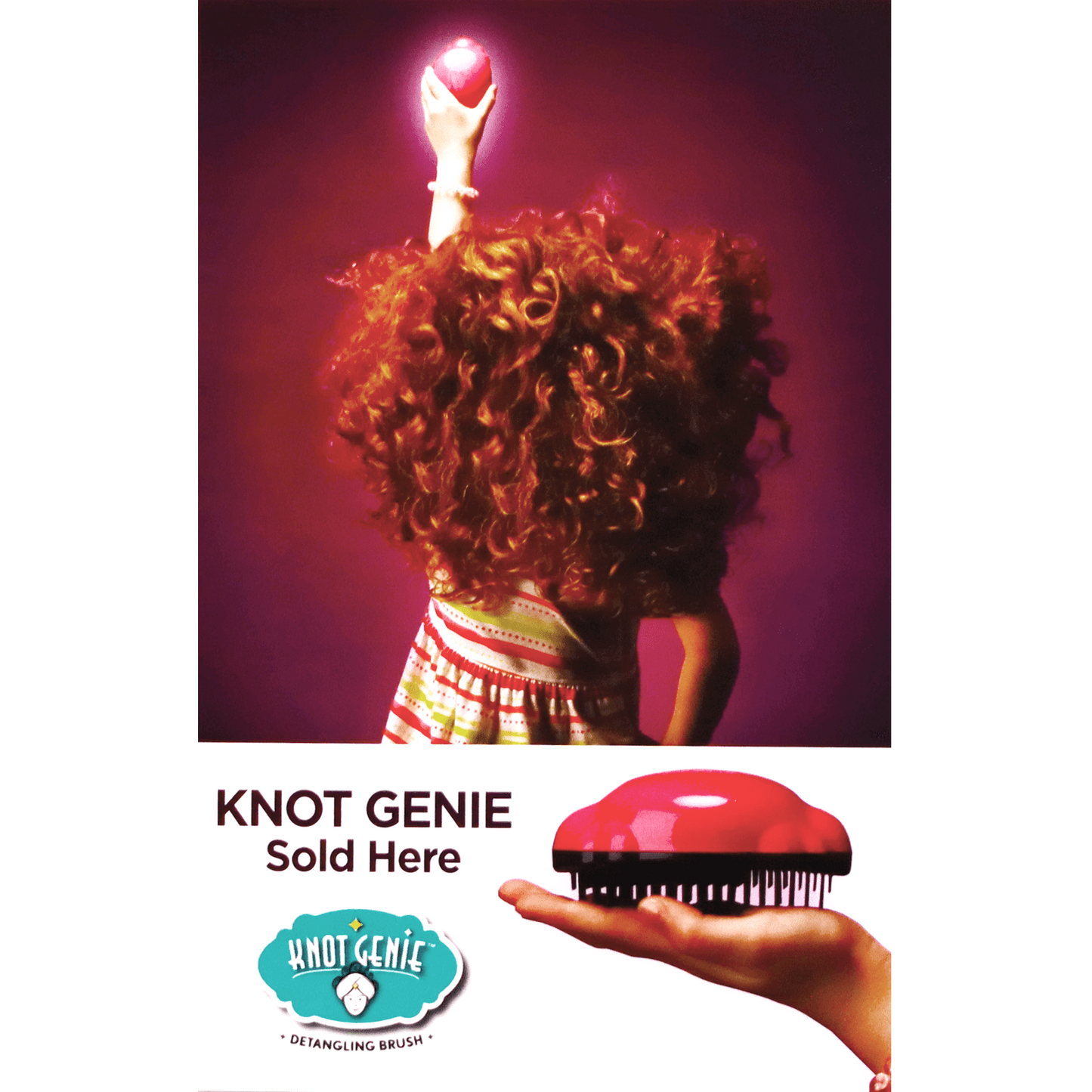 Colorful promotional image for Knot Genie detangling brush set with a model holding the brush