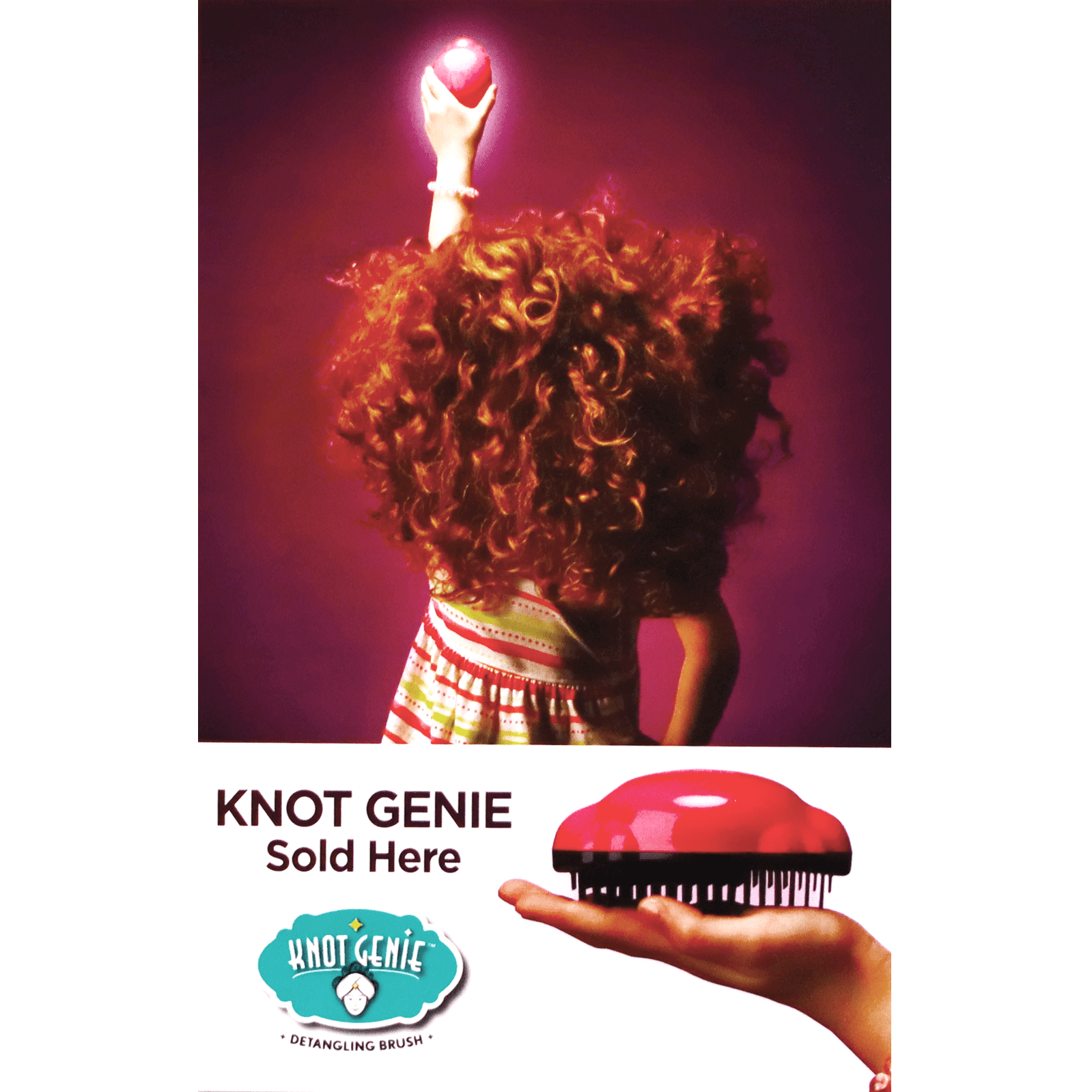 Colorful promotional image for Knot Genie detangling brush set with a model holding the brush