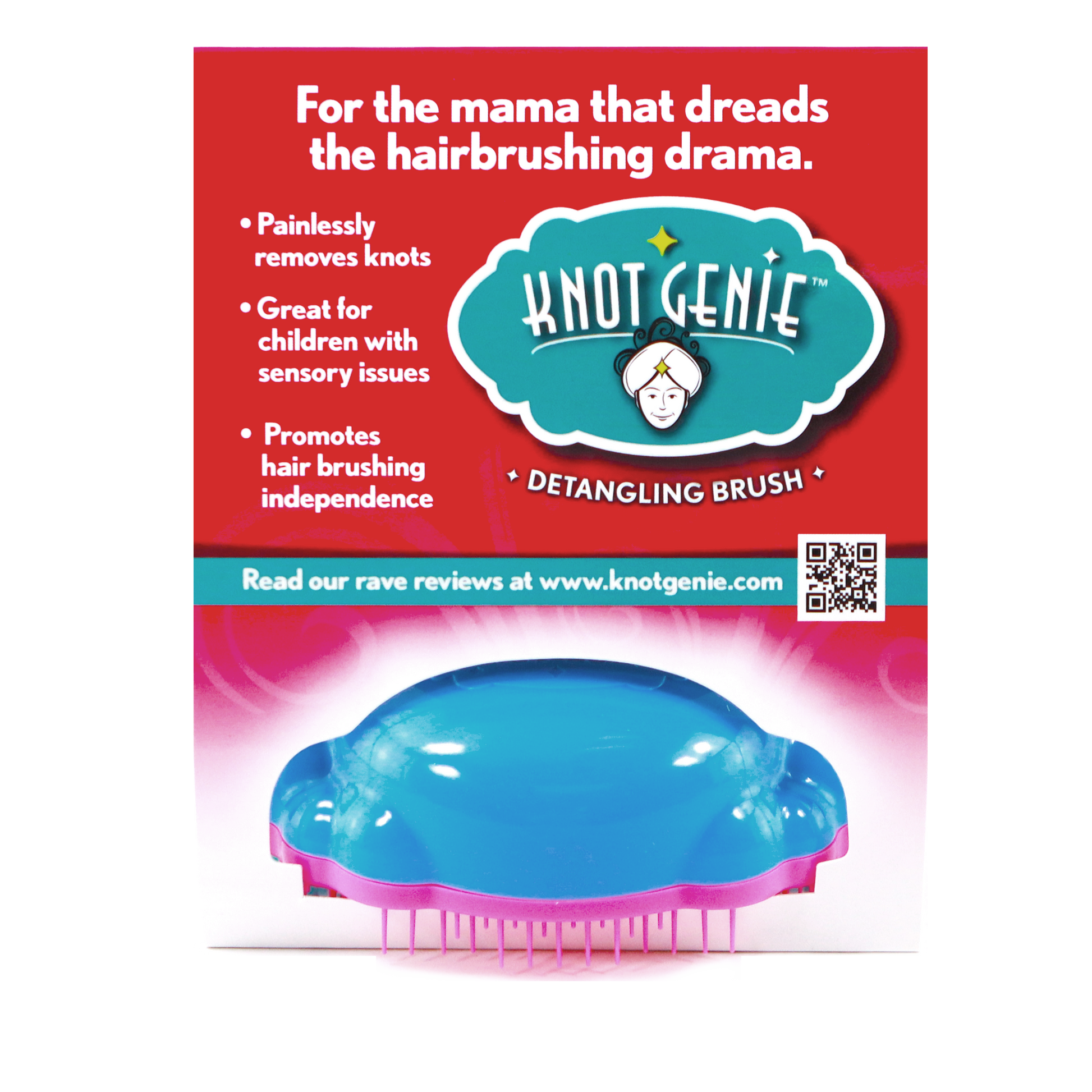Knot Genie detangling brush set in blue with pink features for painlessly removing knots