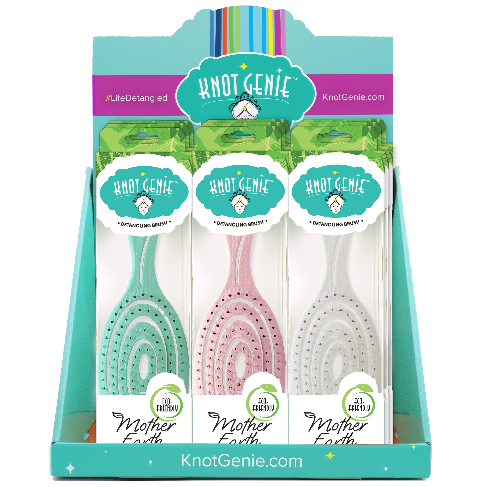 Knot Genie Mother Earth detangling brush set in pink, green, and cream colors for easy hair detangling