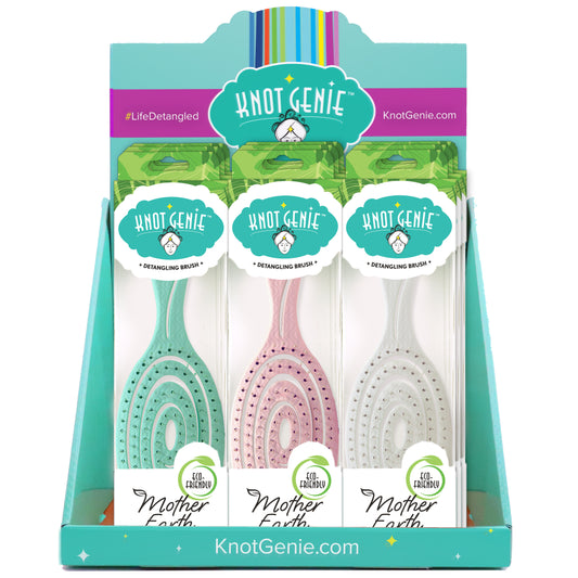 Knot Genie Mother Earth detangling brush set in pink, green, and cream colors for easy hair detangling