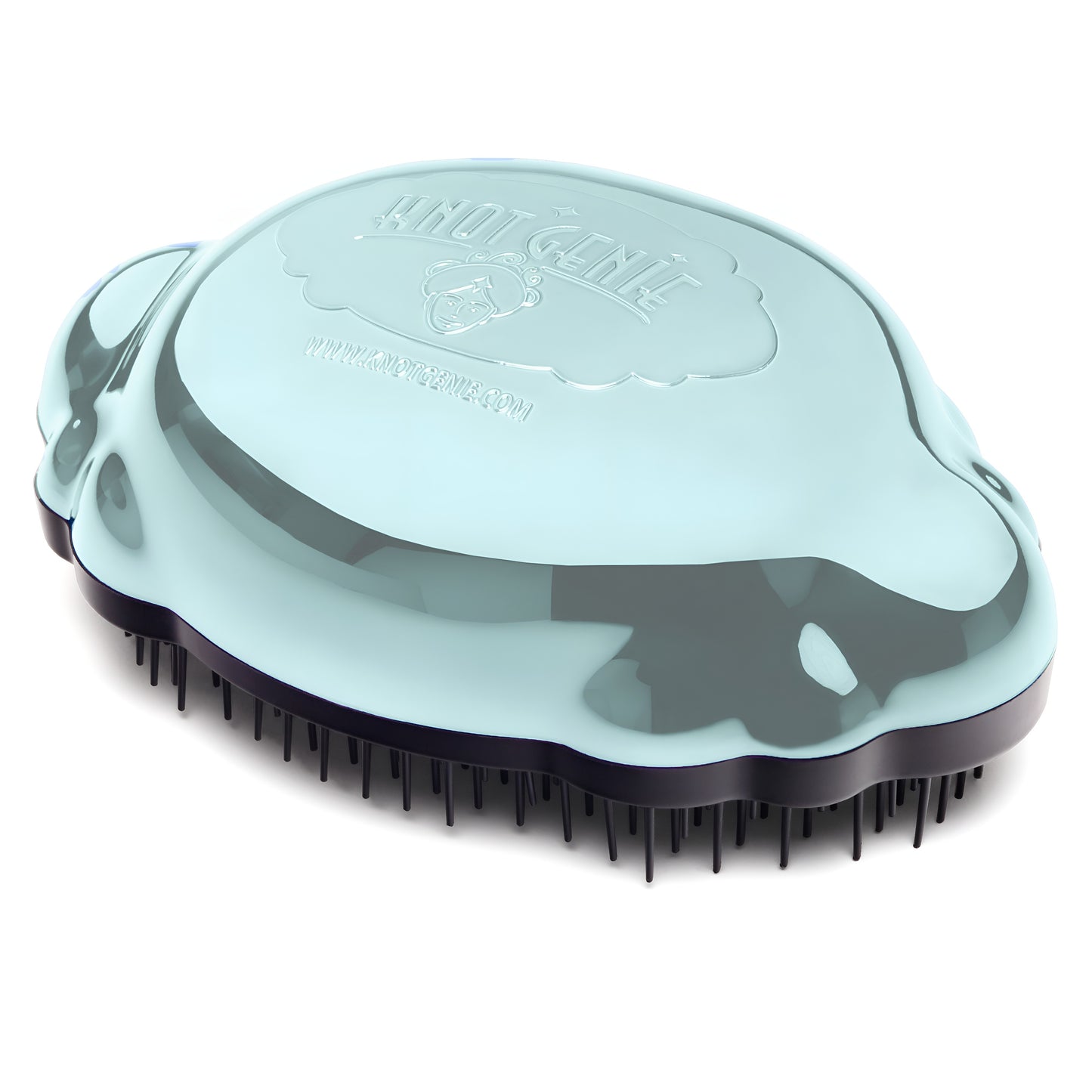 The Knot Genie Teeny Genie Detangling Brush is a light blue, turtle shell-shaped brush with black bristles, a unique bristle layout for smooth detangling, and features an embossed logo and website on its glossy surface.