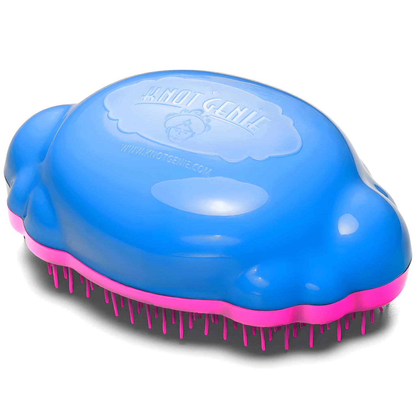 Knot Genie Teeny Genie detangling brush in blue and pink for easy hair styling and knot removal