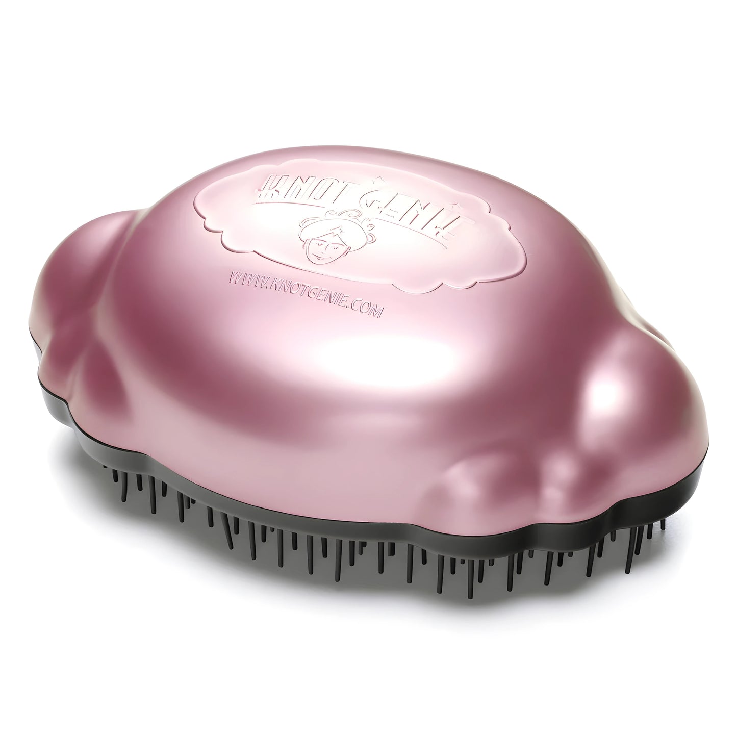 Knot Genie Teeny Genie detangling brush in pink with a unique ergonomic design for easy hair detangling