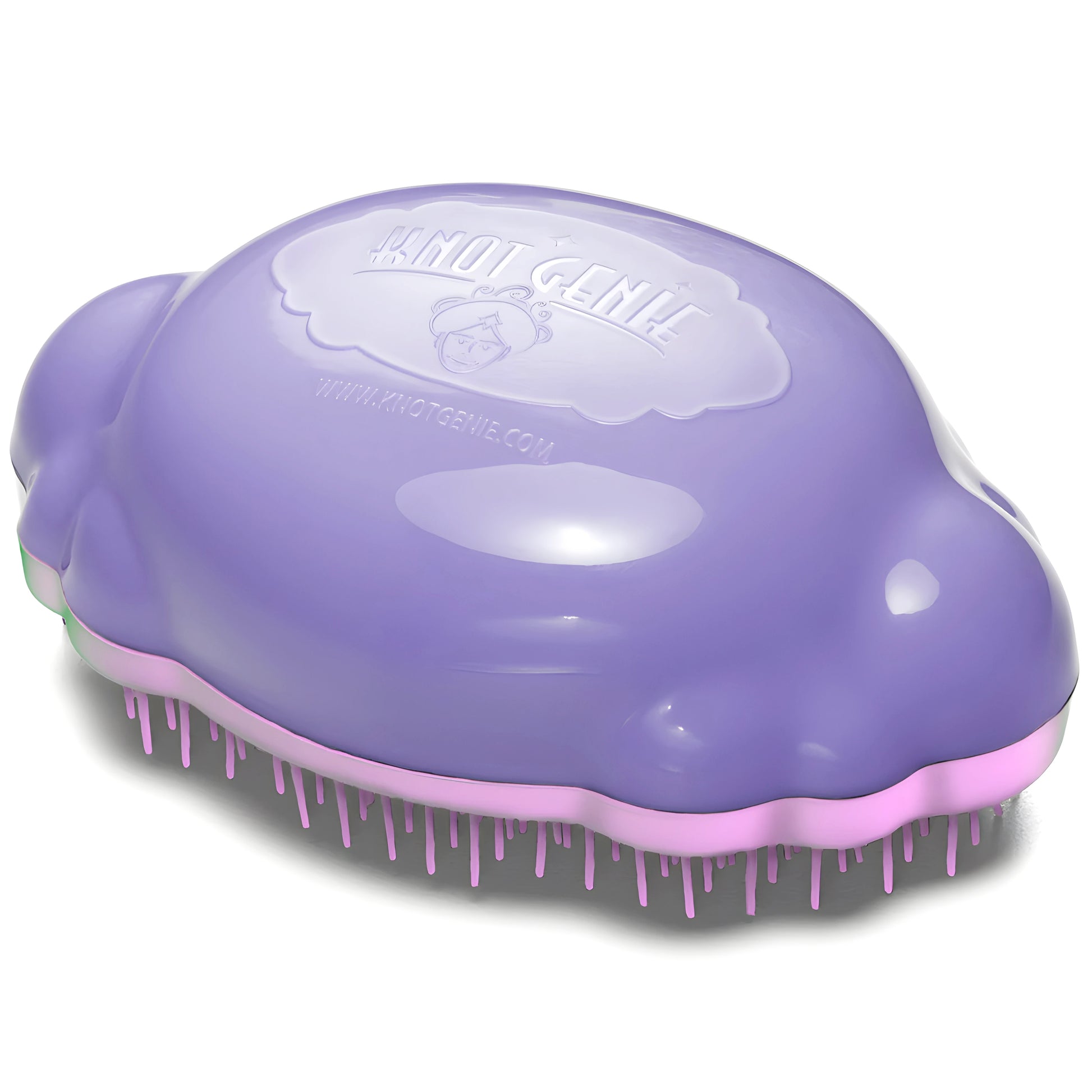 Knot Genie Teeny Genie detangling brush in purple and pink designed for easy knot removal