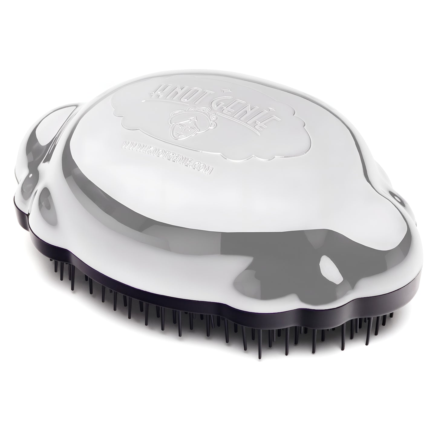 Knot Genie Teeny Genie detangling brush in sleek silver design for easy hair detangling