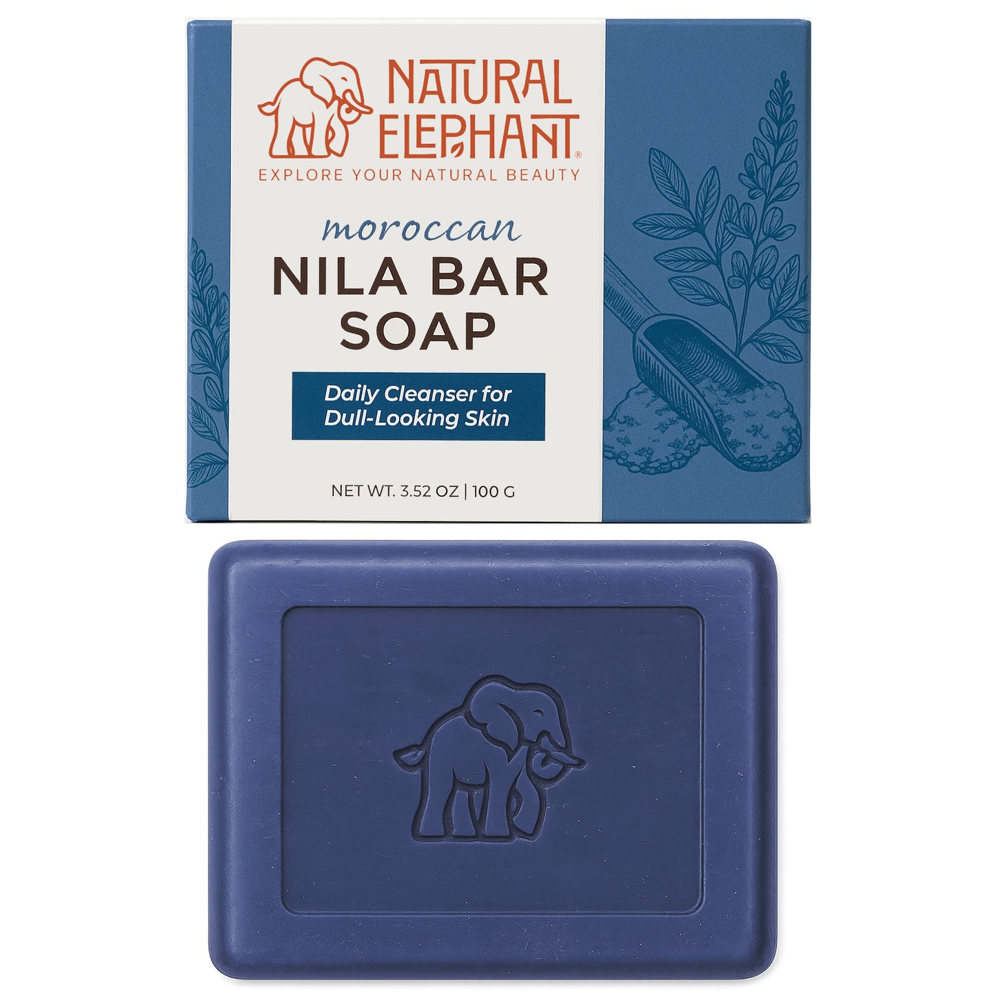 Natural Elephant Moroccan Nila soap bar in navy packaging for daily cleansing of dull-looking skin
