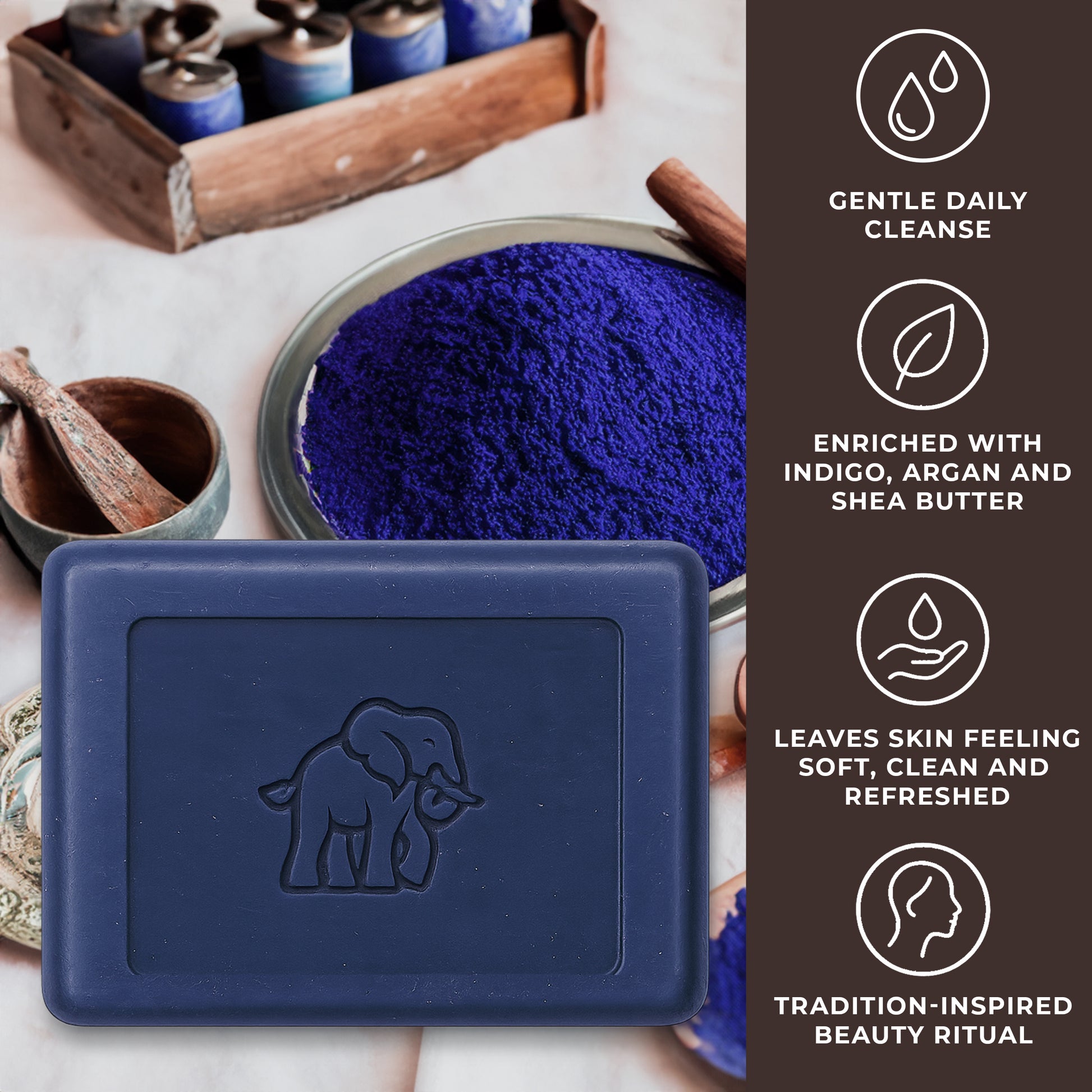 Natural Elephant Moroccan Nila soap bar with indigo, argan, and shea butter for gentle cleansing