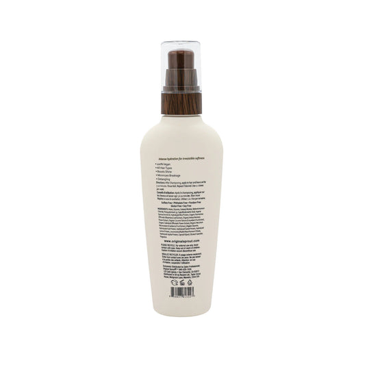 Back view of Original Sprout hair oil bottle with clear spray nozzle and ingredient list