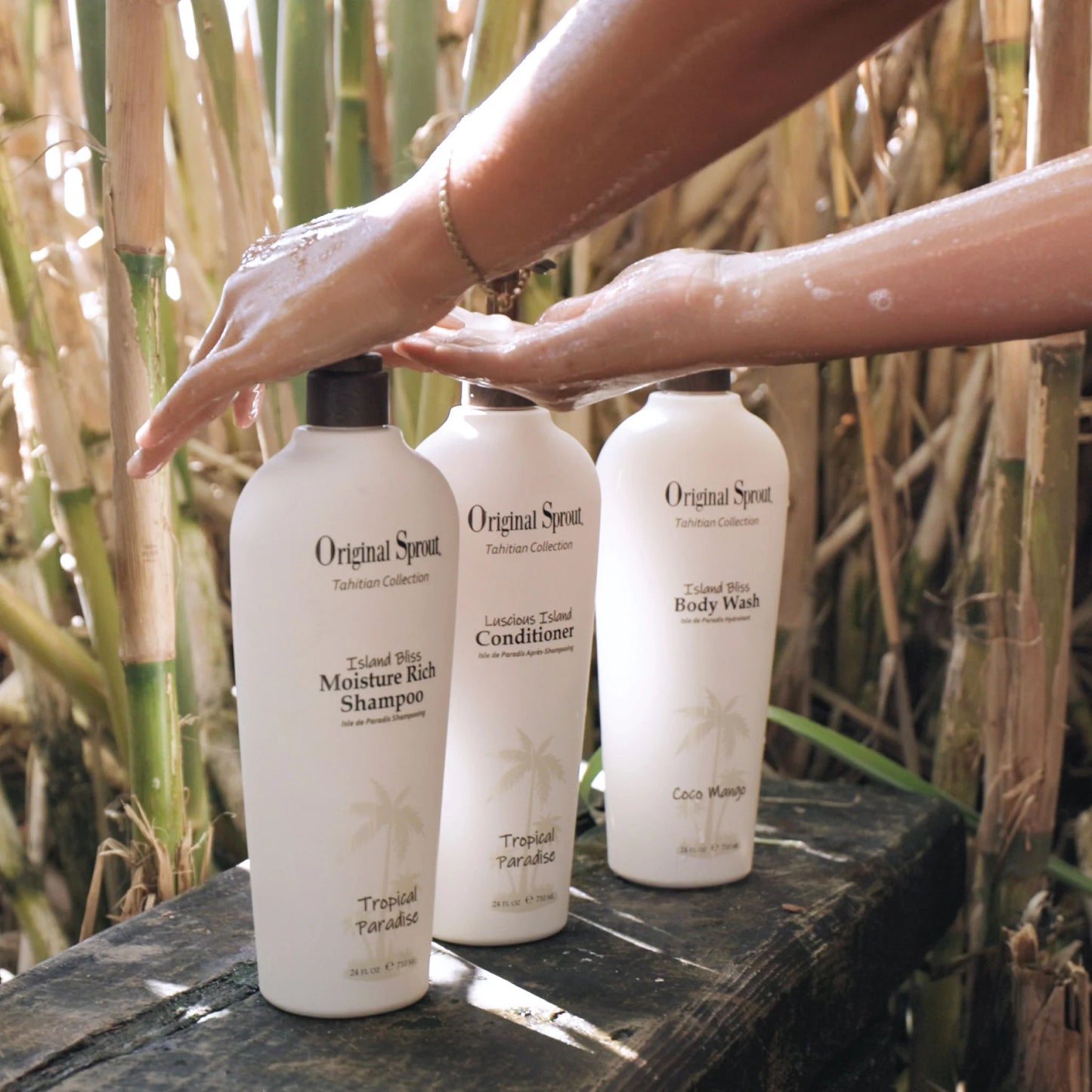 Original Sprout Island Bliss Shampoo and Conditioner Bottles on a Wooden Surface Amongst Bamboo