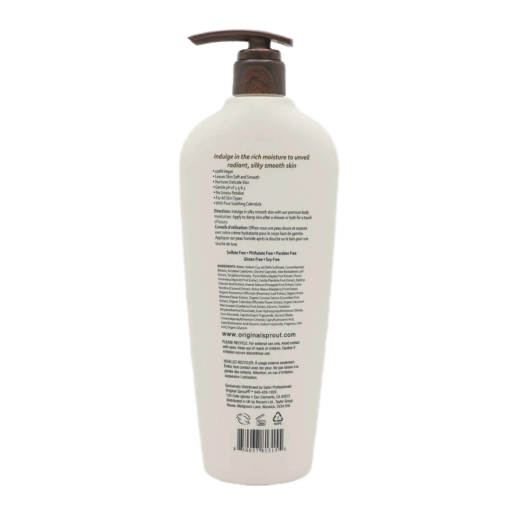 Back view of Original Sprout Luscious Island Moisturizer bottle highlighting its ingredients and instructions