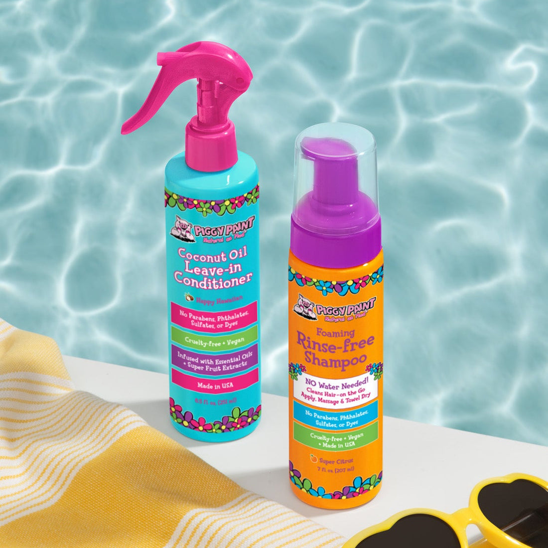 Piggy Paint Coconut Oil Leave-in Conditioner and Foaming Rinse-Free Shampoo by poolside for kids' hair care