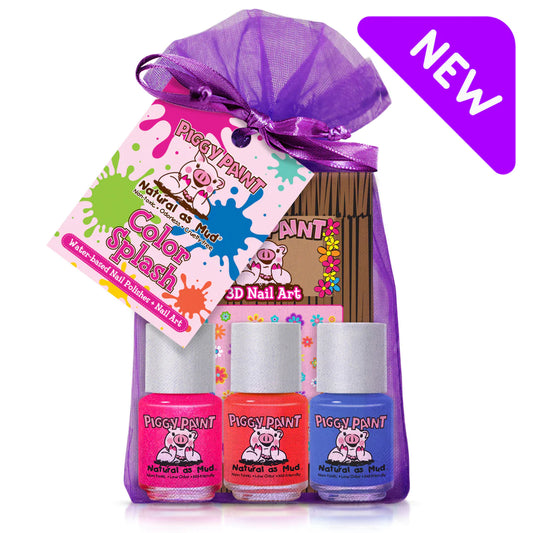 Piggy Paint Color Splash Gift Set featuring three vibrant, non-toxic nail polishes in a decorative bag
