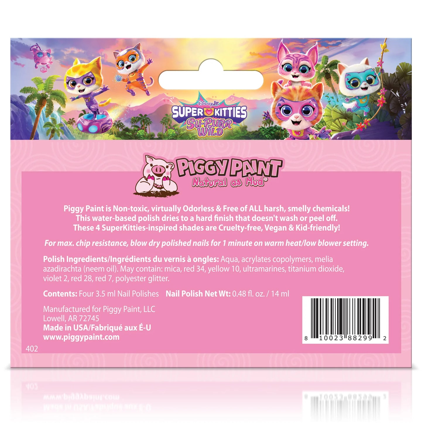 Piggy Paint kids non-toxic nail polish set featuring cute Super Kitties design, ideal for children