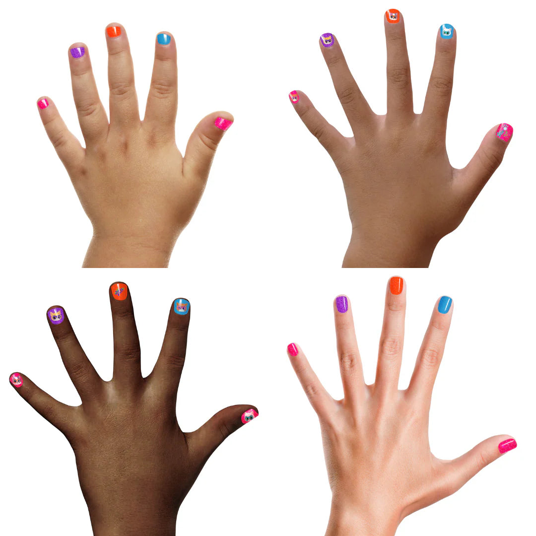 Colorful kids non-toxic nail polish set applied to children's hands for playful nail art