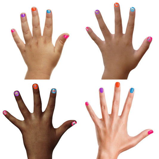 Colorful kids non-toxic nail polish set applied to children's hands for playful nail art