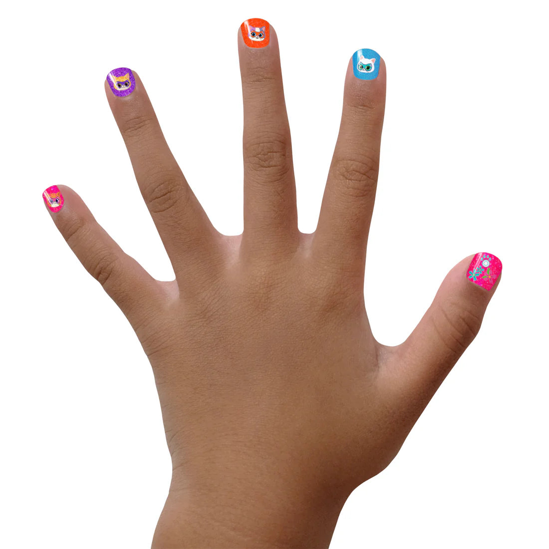 Colorful Piggy Paint nail art stickers applied on children's nails for creative designs