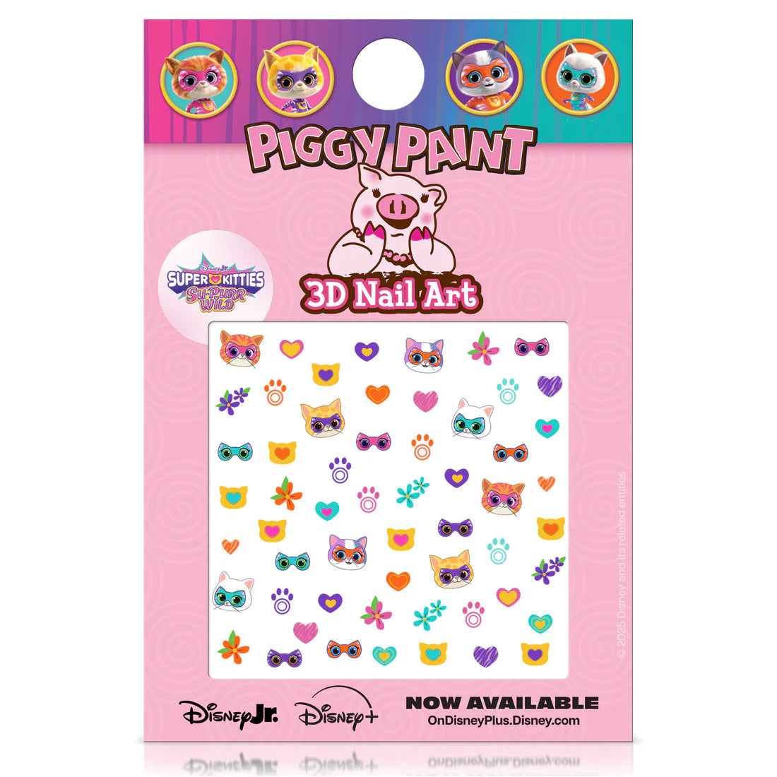 Piggy Paint nail art stickers featuring colorful designs of cats and hearts for fun nail decoration