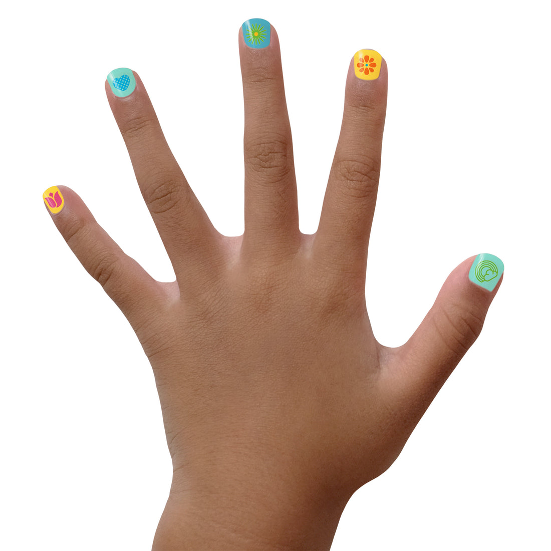 Piggy Paint non-toxic kids nail polish set showing colorful designs on children's nails