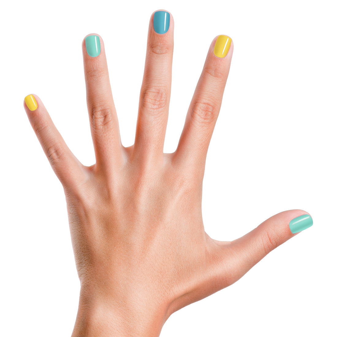 Colorful Piggy Paint non-toxic kids nail polish set applied on a hand with various shades