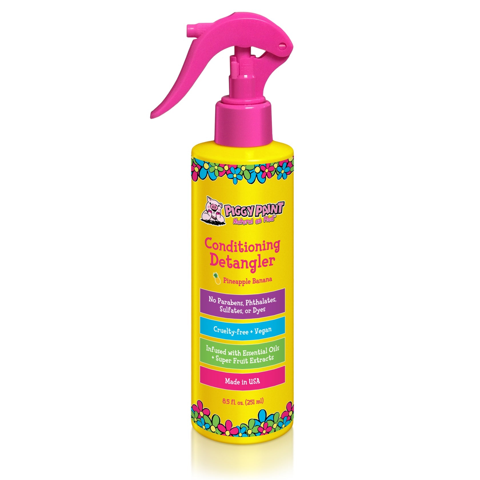 Piggy Paint Pineapple Banana Hair Detangler in a colorful spray bottle for easy hair styling