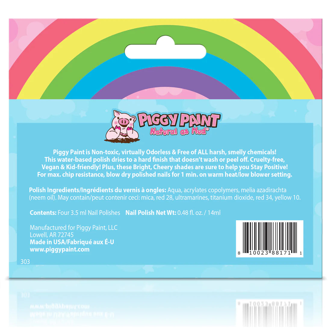 Piggy Paint Rainbow nail polish set with four vibrant, non-toxic colors for kids' fun and safe manicures