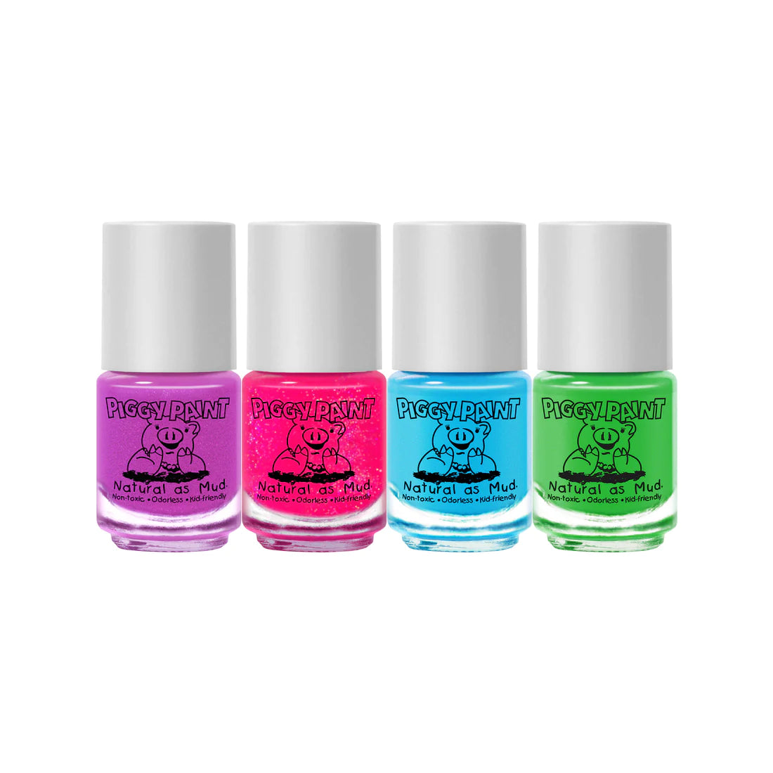 Piggy Paint Rainbow nail polish set featuring four vibrant, non-toxic colors for fun and safe manicures