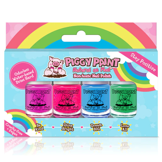 Piggy Paint Rainbow nail polish set with four vibrant, non-toxic colors for kids' nail art