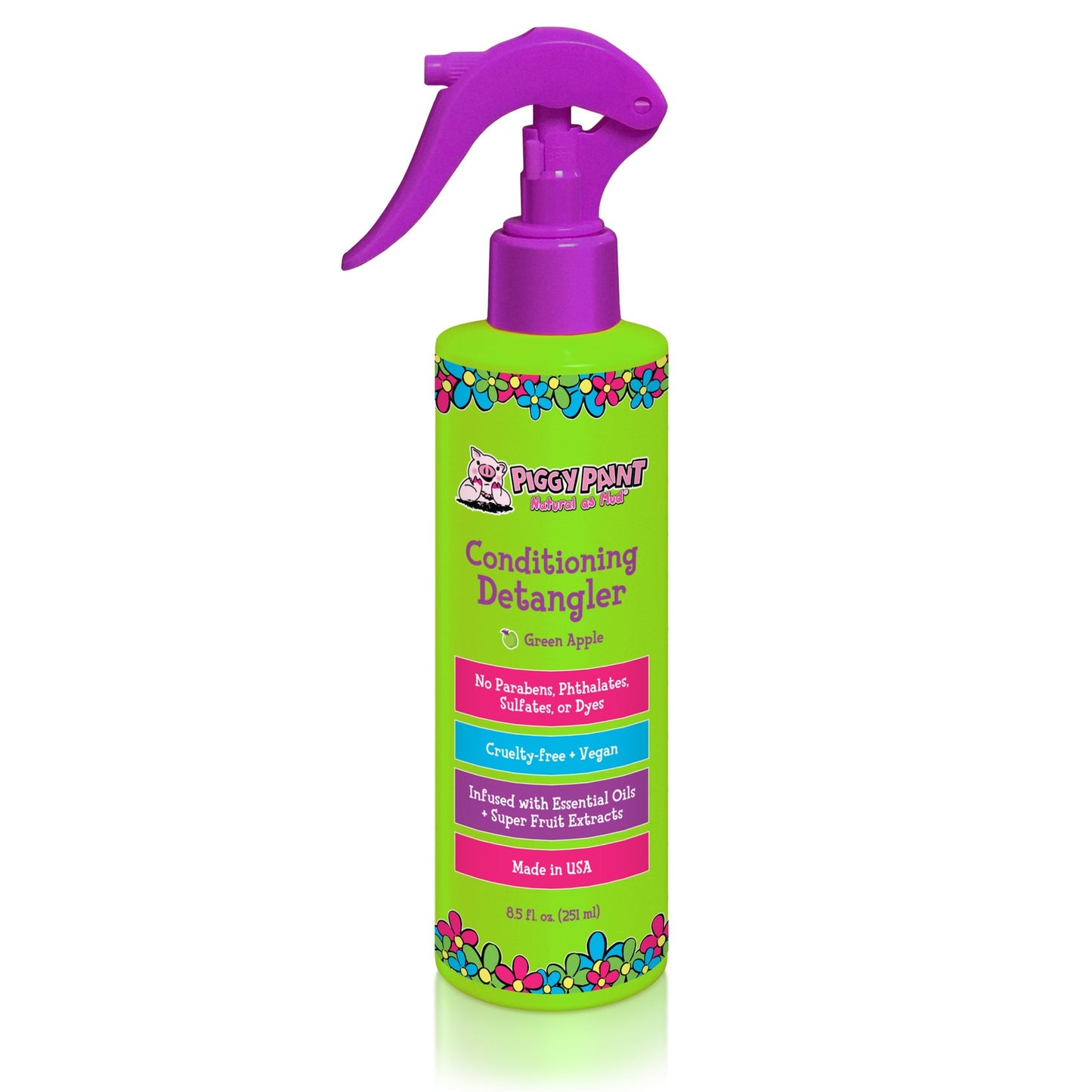 Piggy Paint Rock the Locks Green Apple Detangler in a vibrant spray bottle for easy hair care