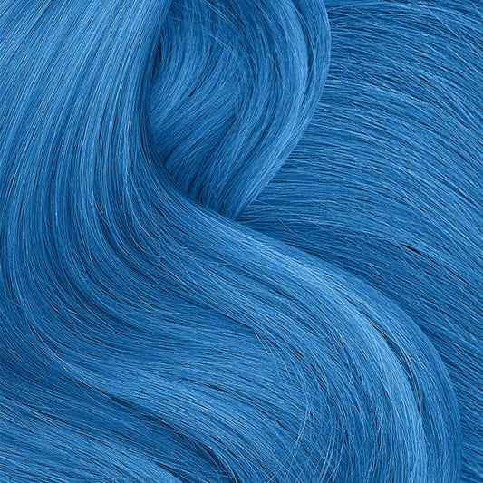 Vibrant blue hair texture enhanced by temporary hair color spray for bold styling