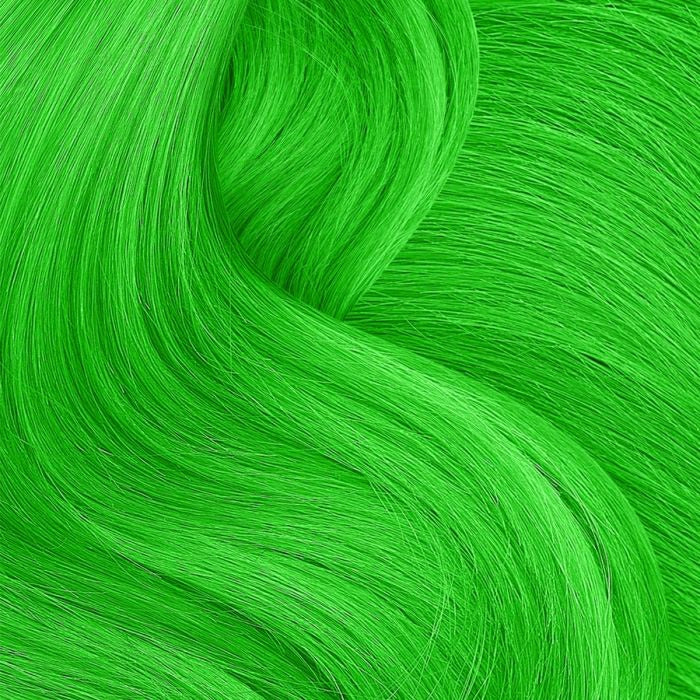Vibrant green hair dyed with Punky Colour temporary hair color spray for a bold look