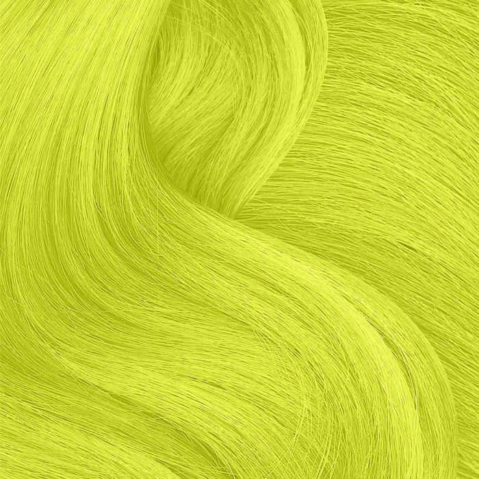 Punky Colour temporary hair color spray applied to vibrant yellow hair for a bold look