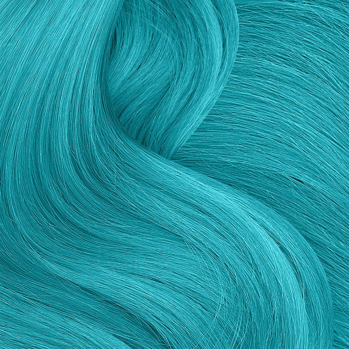 Vibrant teal strands showcasing temporary hair color spray for bold styles and easy application