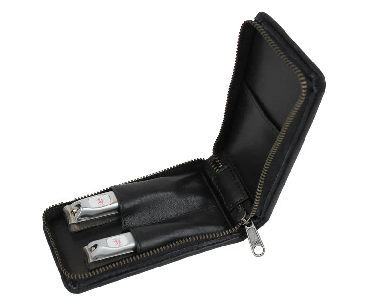 Seki Edge men grooming kit in a black zippered leather case with nail clippers