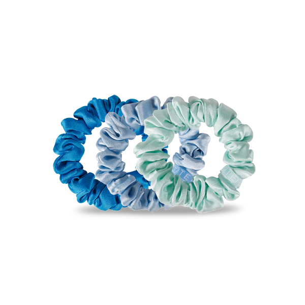 Teleties silk hair scrunchies for women in blue and mint colors, perfect for stylish hair accessories