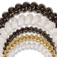 Teleties hair ties multipack featuring clear, black, and gold styles for all hair types